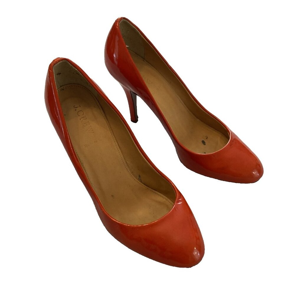 J Crew Mona Patent leather Pumps Heels Shoes Sz 9.5 Made in Italy Red-orange